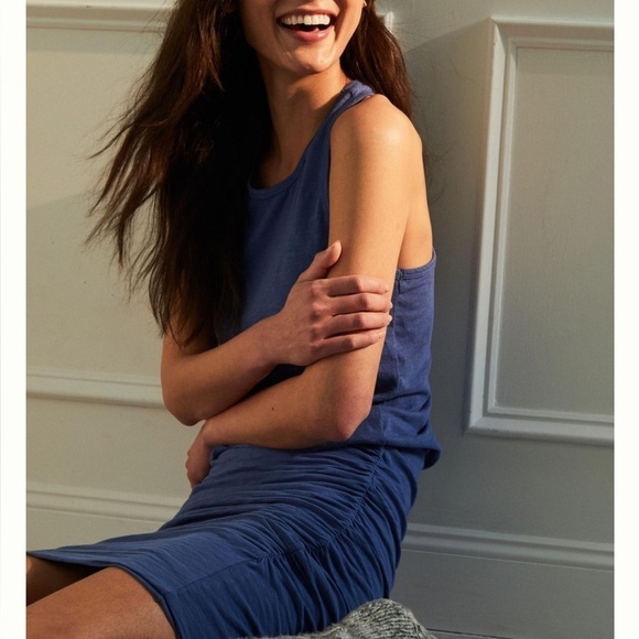 Sundry Anthropologie Ruched Racerback Navy Blue Tank Cotton Mini Dress Sz 3 (L) - Picture 3 of 11